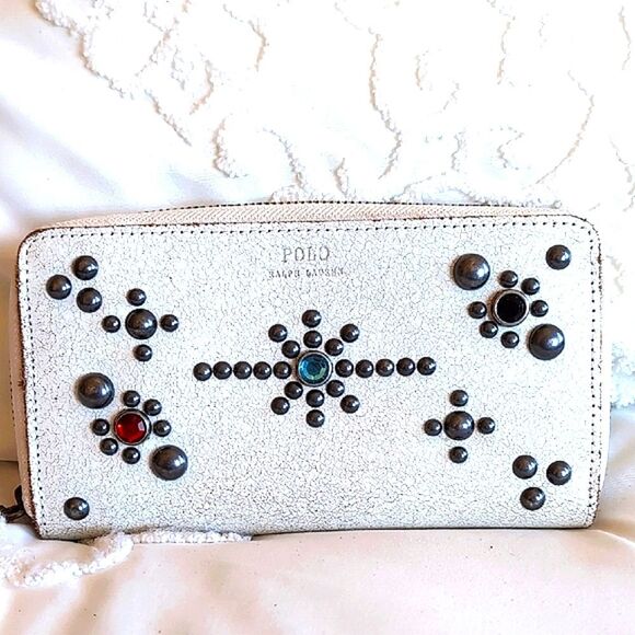 POLO Ralph Lauren Jewel/ Studded Ivory Distressed Zip Around Wallet NWOT - Picture 13 of 13